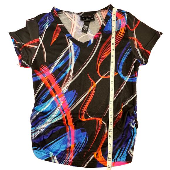 Jennifer Lauren Top Large Colorful Abstract Brushstroke Ruched Tee V Neck Shirt - Picture 4 of 9